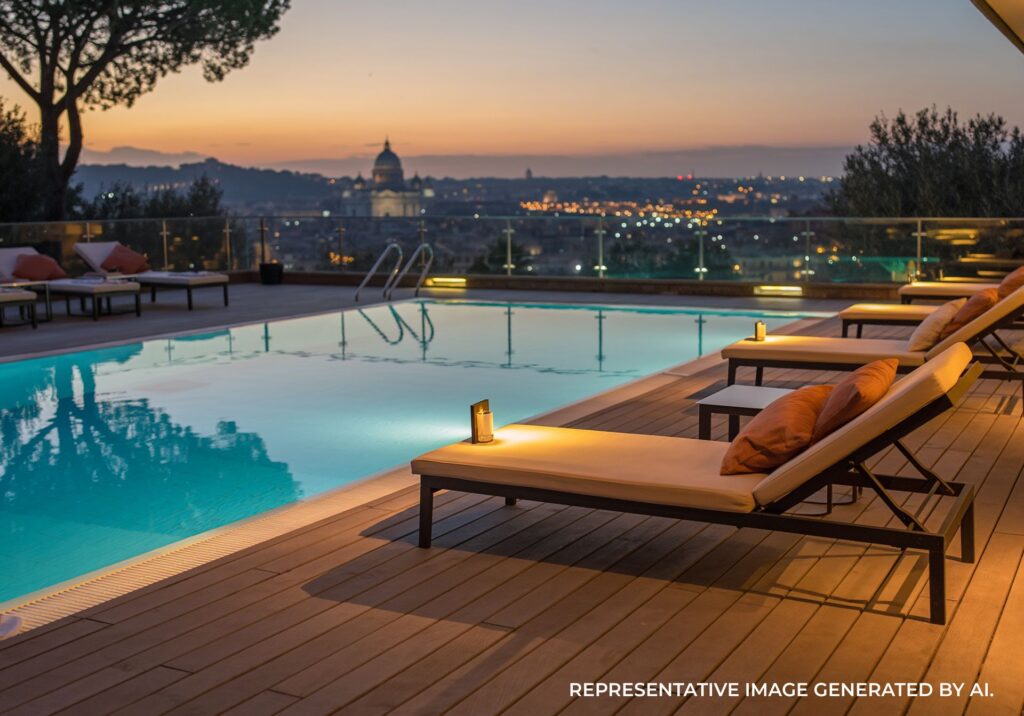 Rooftop pool at sunset in Rome, Italy