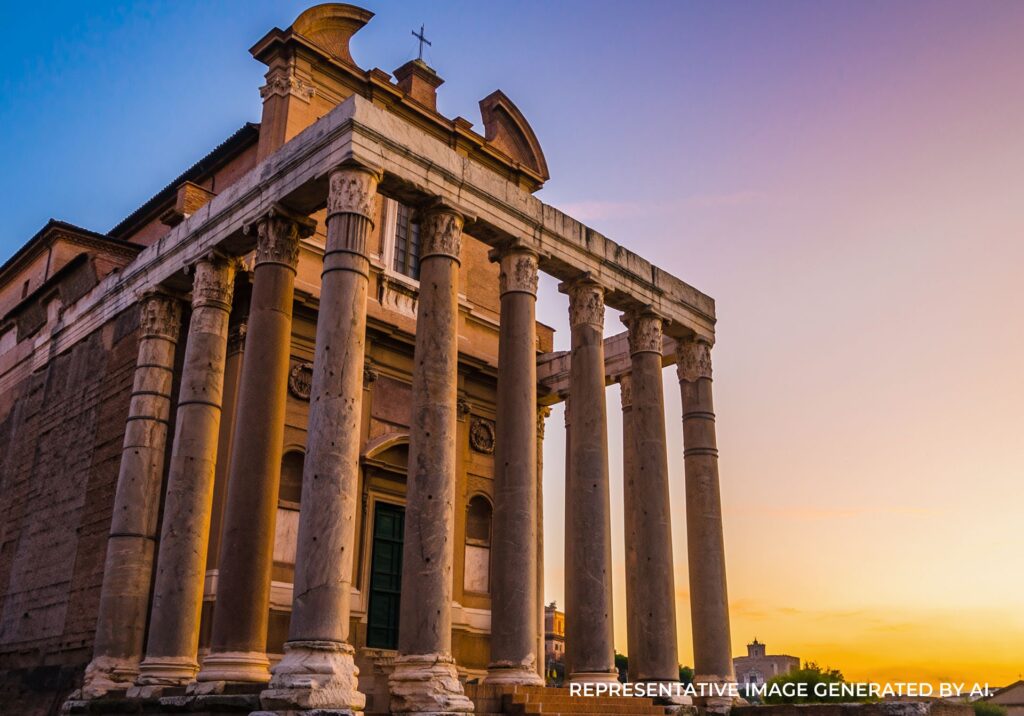 Temple ruins at sunset in Rome, Italy