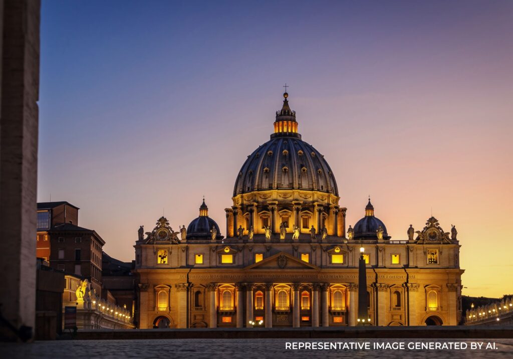 St. Peter’s Basilica at dusk in Rome, Italy