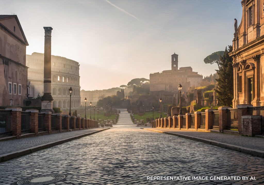 Cobblestone street lined with columns in Rome, Italy