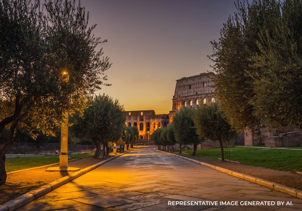City park with historic buildings at sunset in Rome, Italy