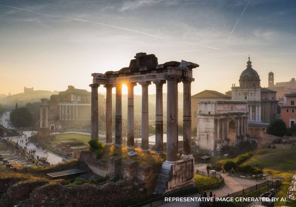 Roman Forum with temple columns in Rome, Italy