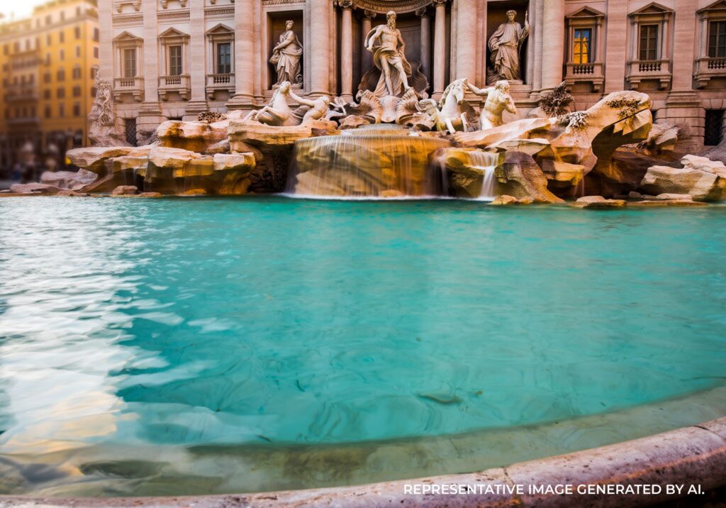 Turquoise water at the Trevi Fountain in Rome, Italy