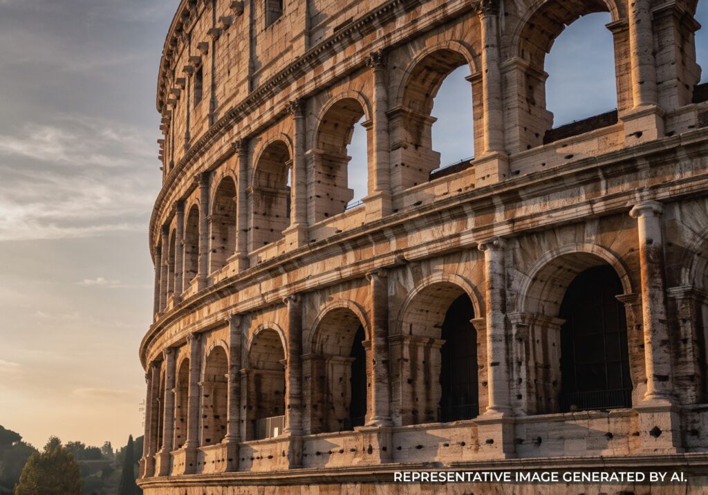 Close up of Colosseum arches in Rome, Italy