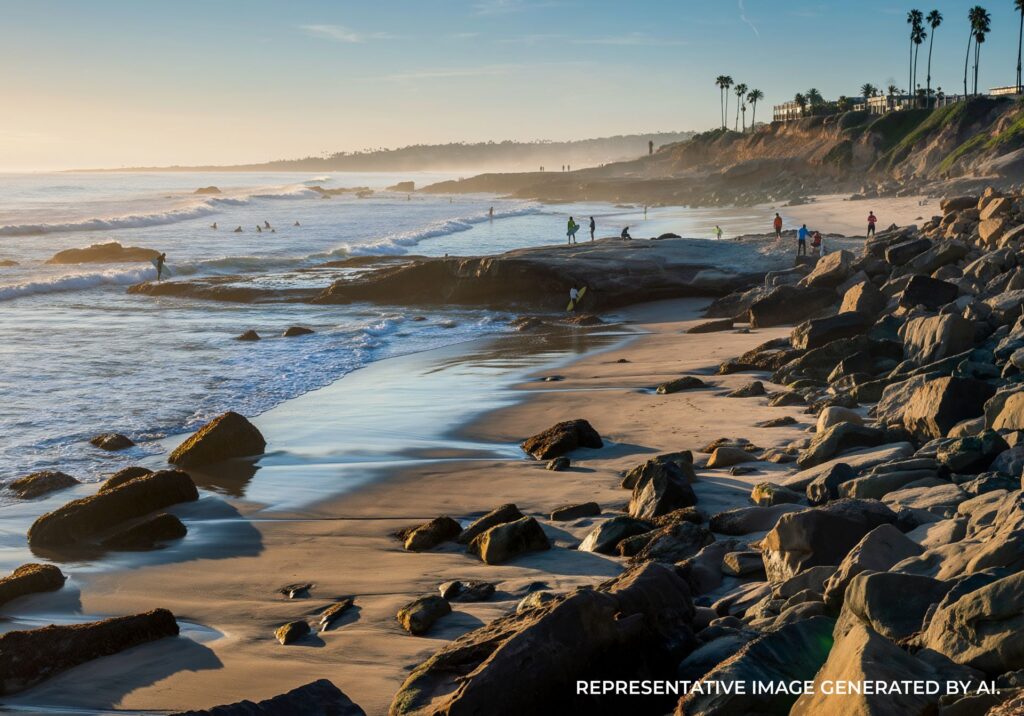 Surfers walking along a sandy beach at sunset with warm light reflecting on the shoreline