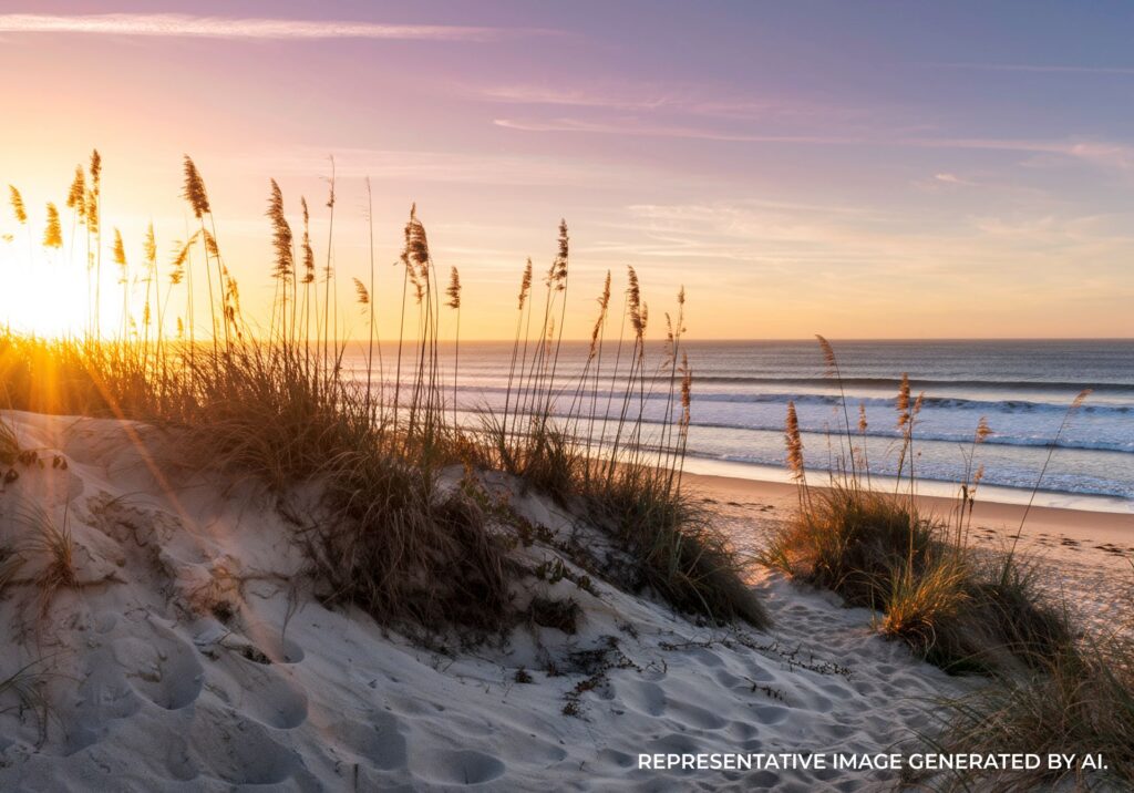 Sunset over sandy dunes with tall beach grass along the coastline, illuminated by warm evening light.