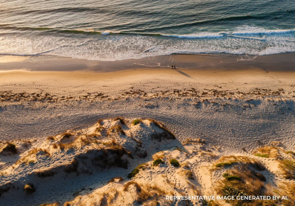 Close-up view of ocean waves reaching sandy ripples and ridges on the shoreline.