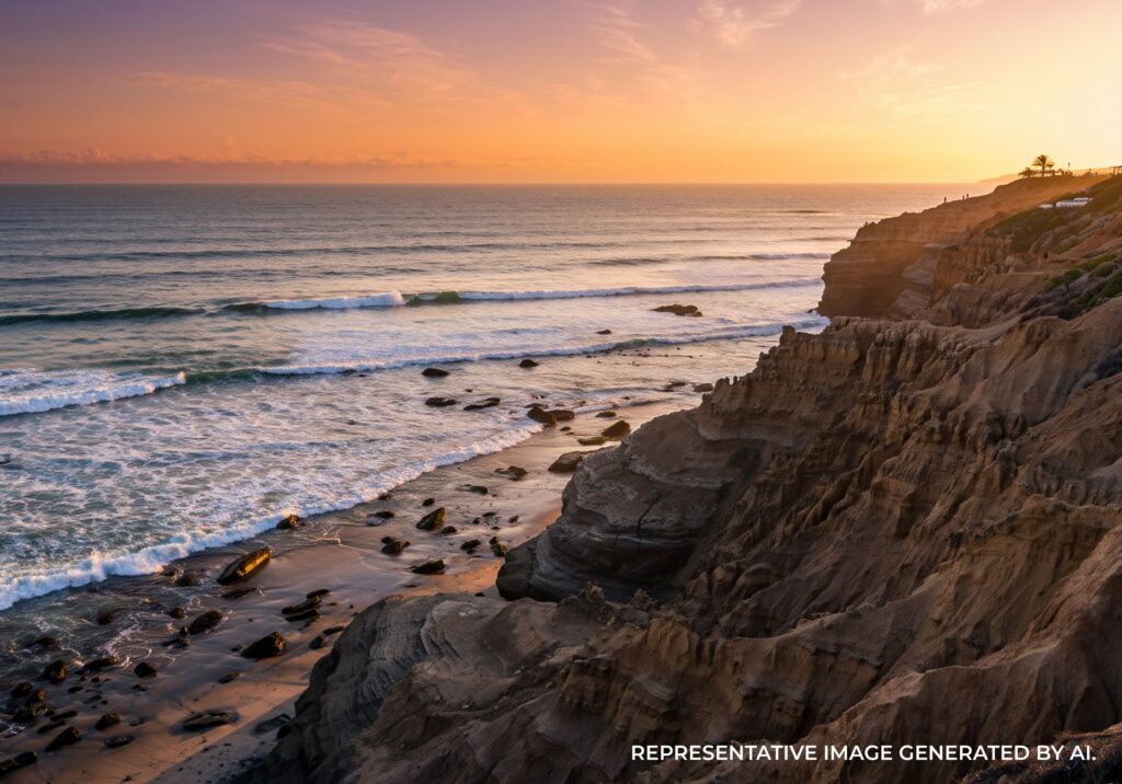Rocky coastal shoreline with waves splashing against boulders under warm sunset light.