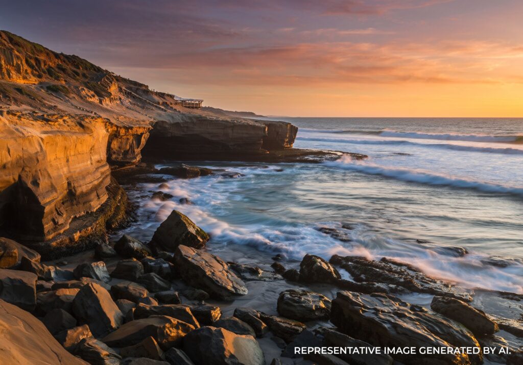 Rocky coastal shoreline with waves splashing against boulders under warm sunset light.