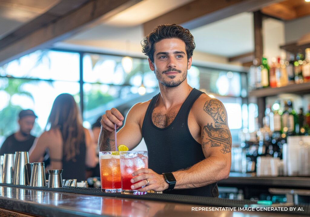 Handsome bartender serving a cocktail in a lively San Diego bar with a friendly LGBT atmosphere.