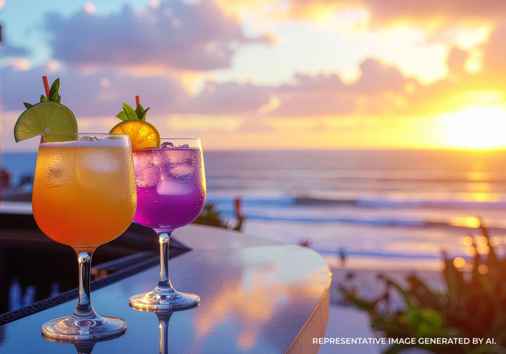 Colorful cocktails overlooking a San Diego beach at sunset.