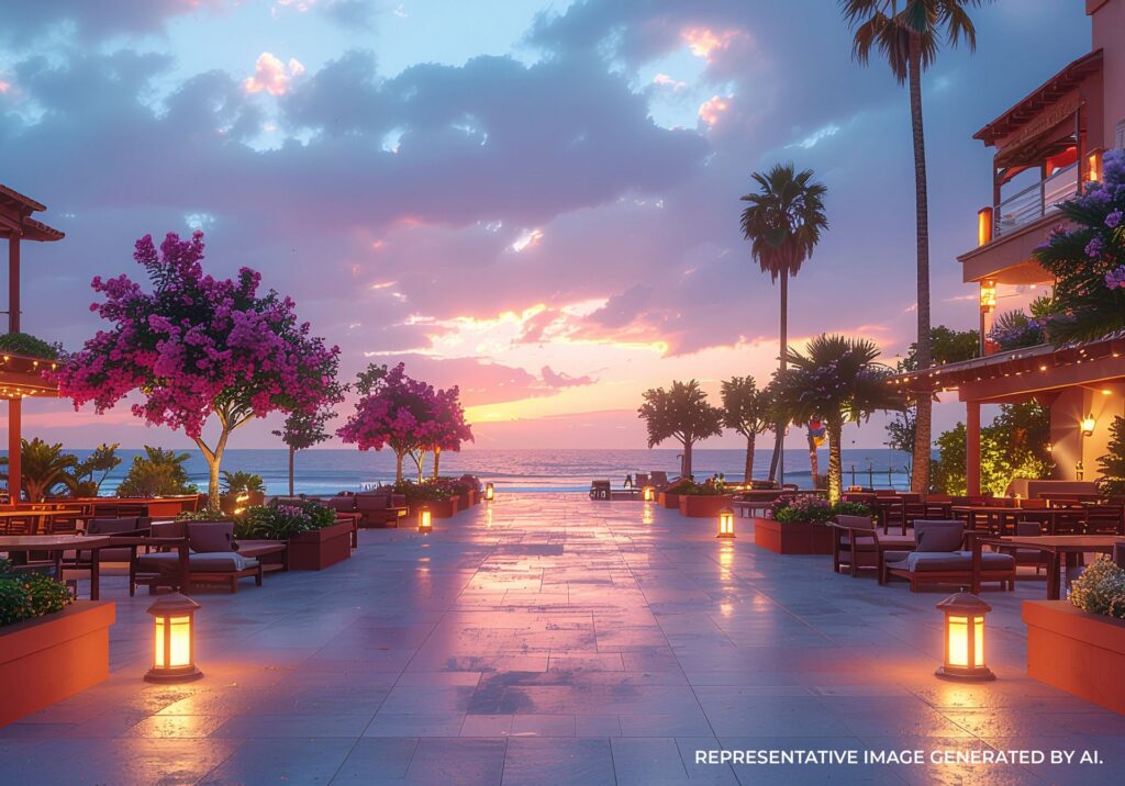 A serene beachfront dining space glows at dusk with palm trees and ocean views, capturing the inviting hospitality and LGBT inclusive energy of San Diego’s coastal districts and Hillcrest. AI generated.