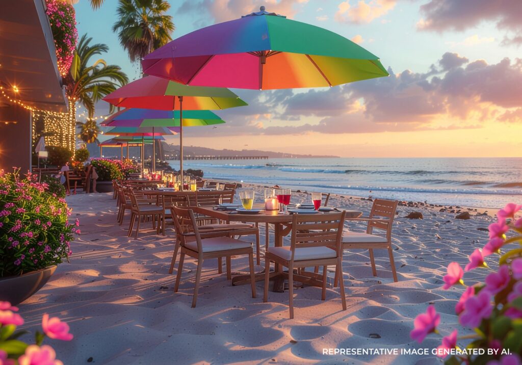 Outdoor beachfront dining table at sunset with colorful umbrellas and ocean views.