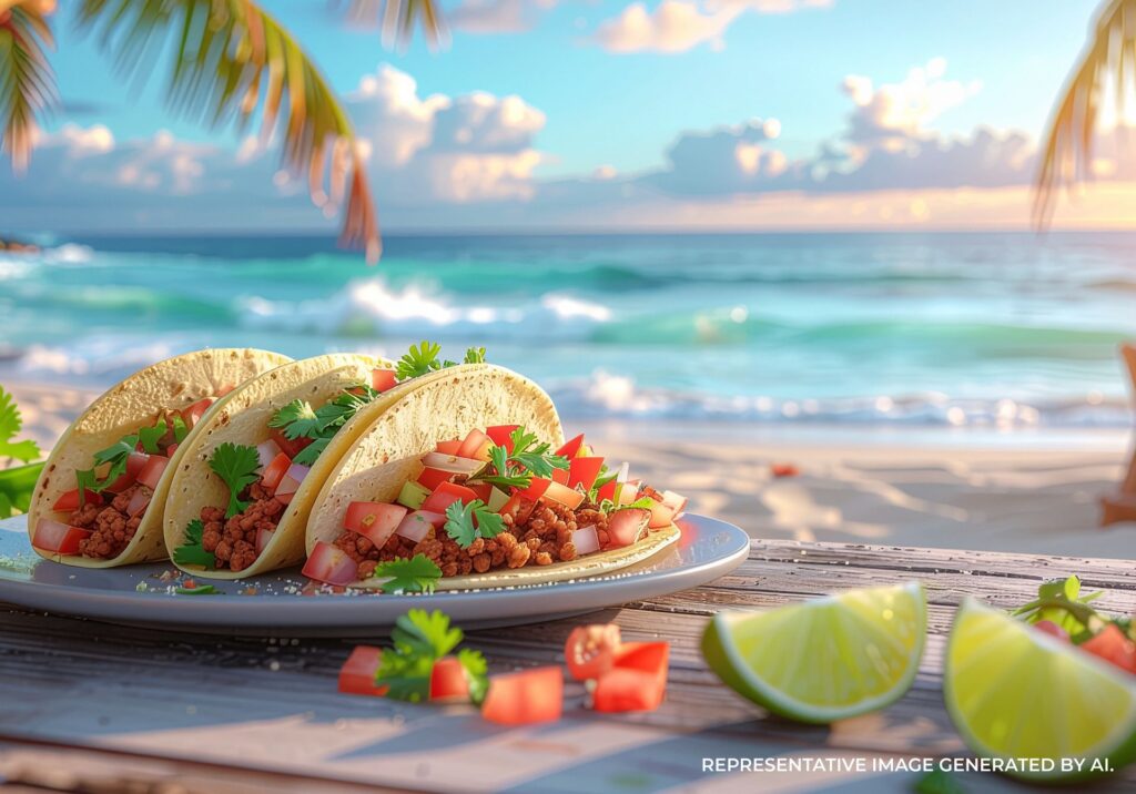 Plate of tacos and fresh ingredients set on a seaside table overlooking turquoise waves.