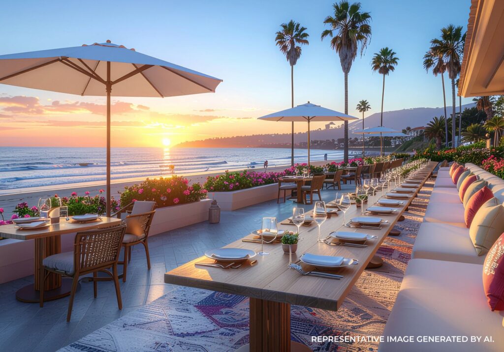 Elegant coastal dining setup at sunset with ocean views and warm lighting.