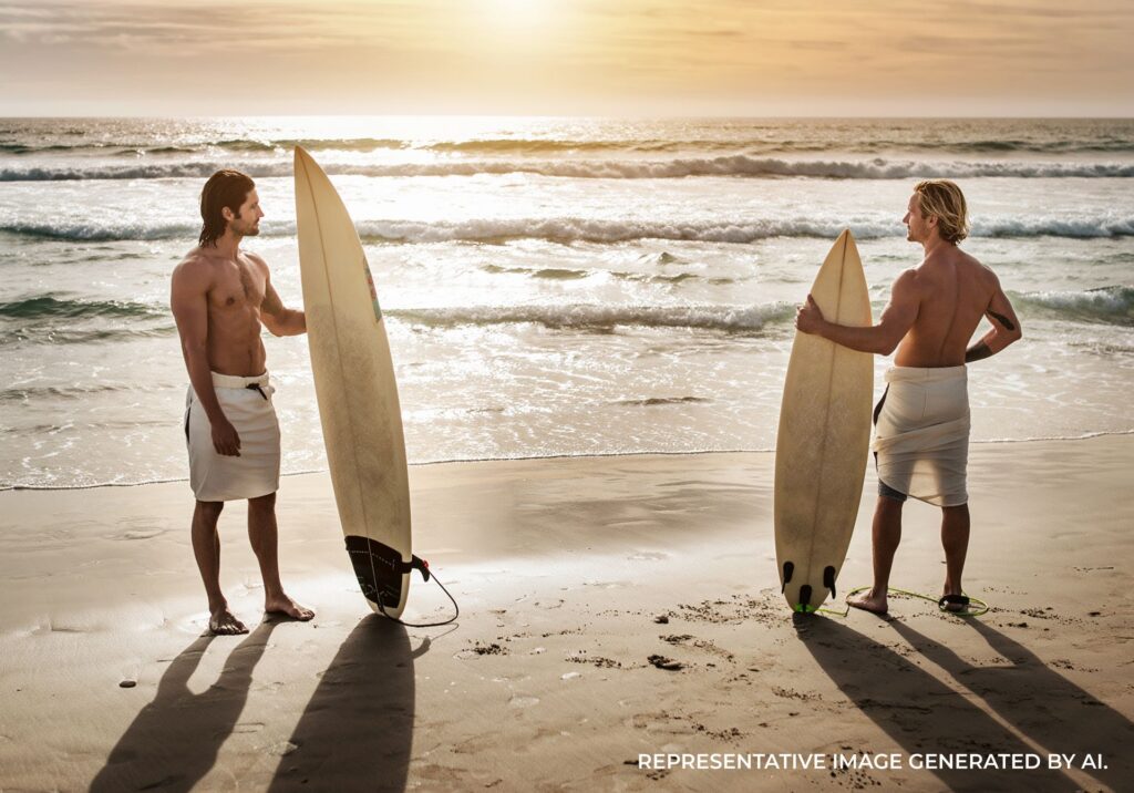 Two surfers at the shoreline holding surfboards with the sun setting behind them