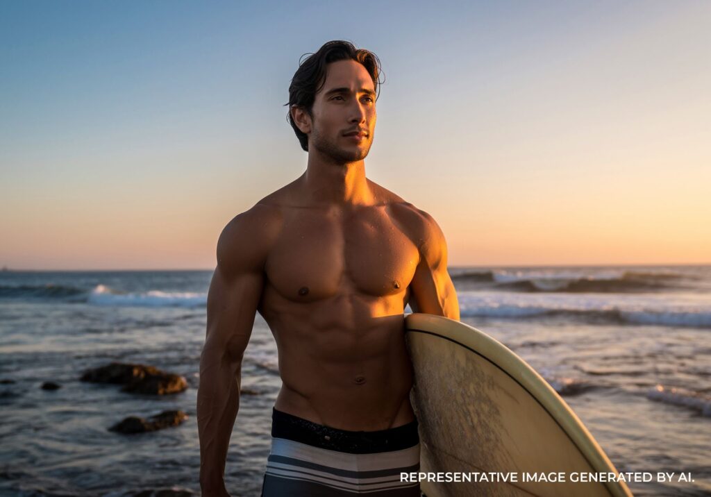 Athletic male surfer holding a surfboard on Ocean Beach during sunset in San Diego
