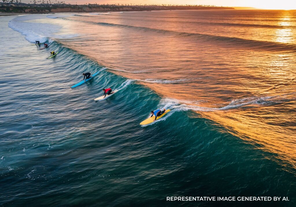 Aerial angle of surfers riding a turquoise wave near La Jolla Shores in San Diego at sunset