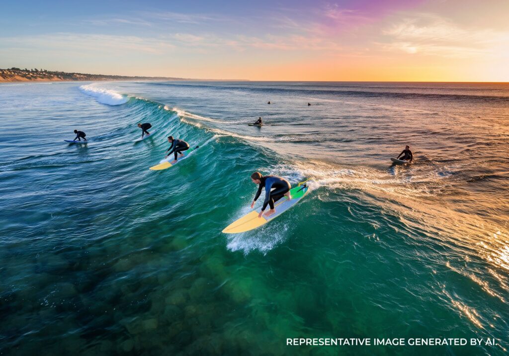 Group of surfers riding a wave at sunset near the San Diego coastline
