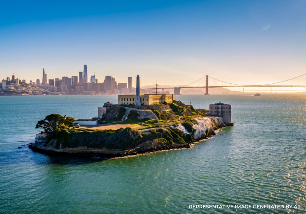Alcatraz Island in the San Francisco Bay on a clear day.