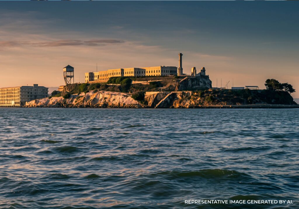 Dusk twilight view of Alcatraz Island with cool-toned water.