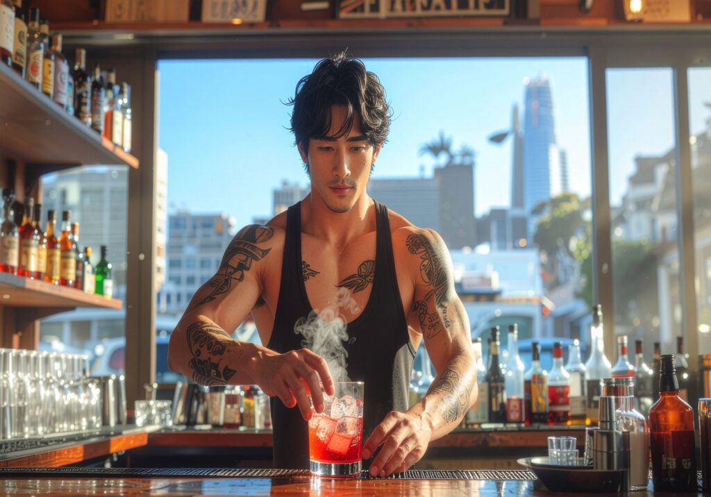 A stylish LGBTQ+ bartender with black hair prepares a cocktail inside an upscale San Francisco bar, framed by warm sunset light and a city skyline view. This AI generated image showcases the city’s vibrant nightlife culture and welcoming atmosphere.