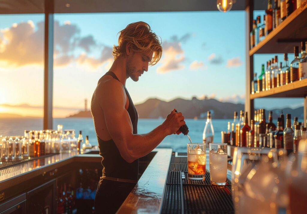 LGBTQ+ male bartender with blonde hair crafting a drink at a modern San Francisco bar during golden hour
