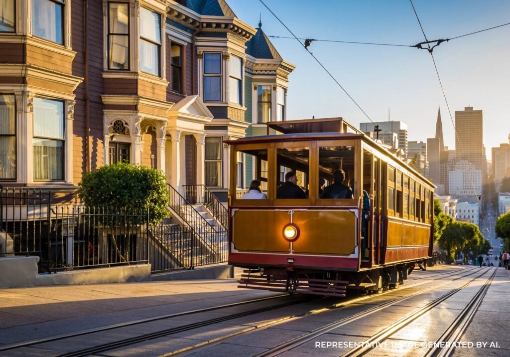 San Francisco cable car rolling through downtown at golden hour