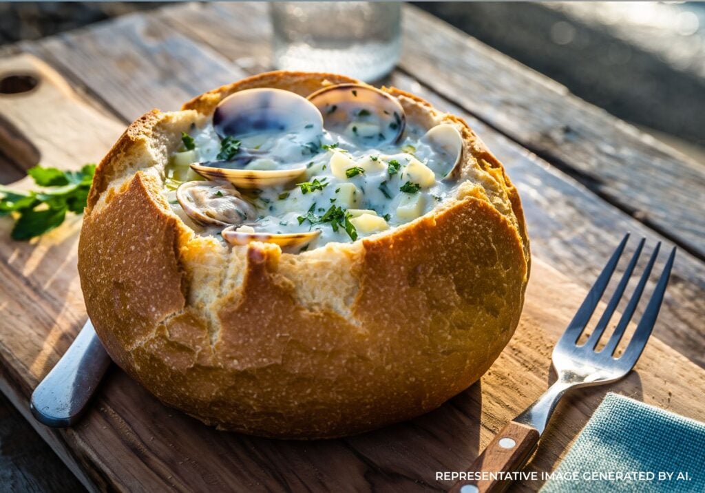 Sourdough bread bowl filled with clam chowder in San Francisco