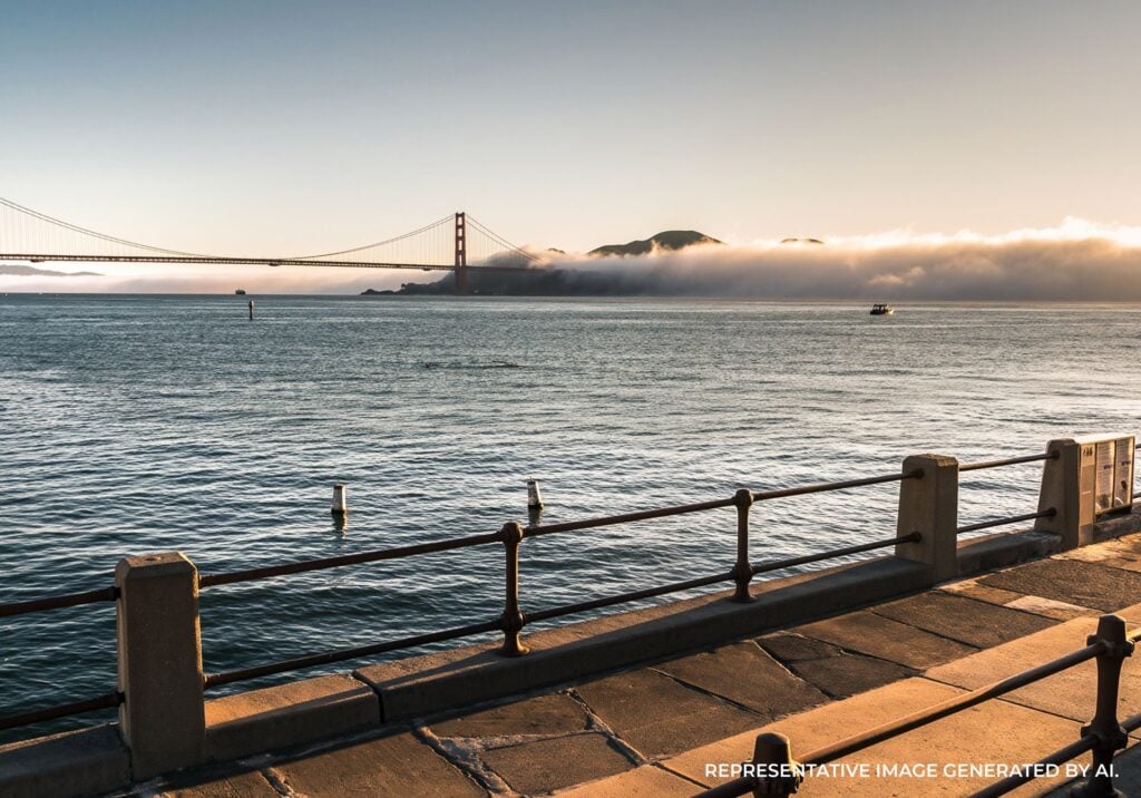 Fisherman’s Wharf boardwalk at sunset overlooking the bay