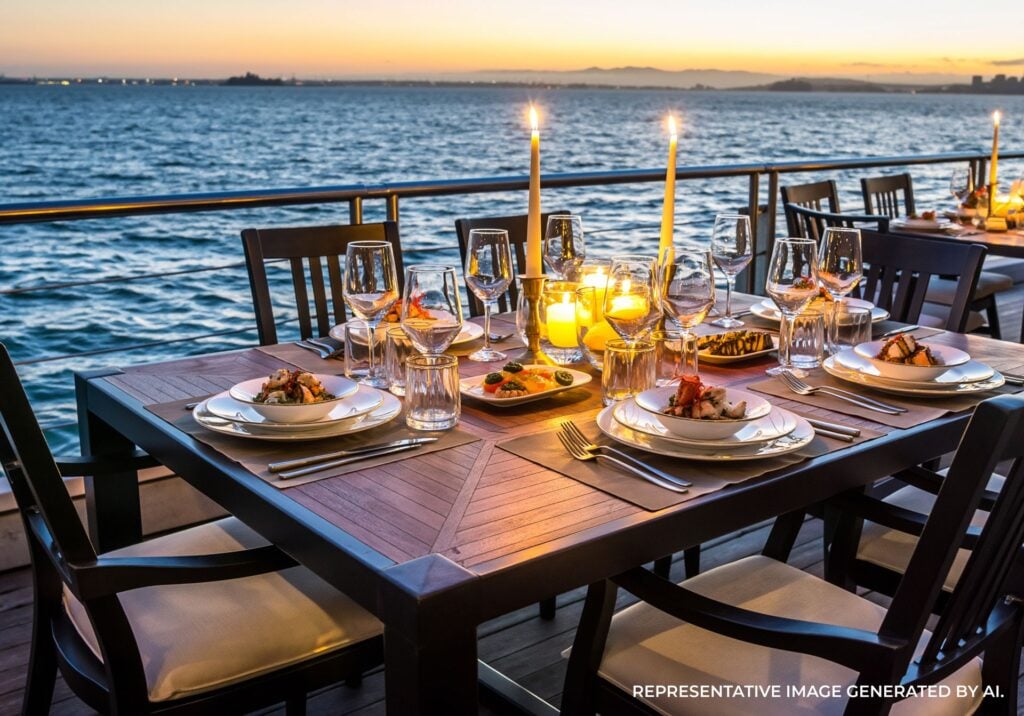 Waterfront dining patio overlooking San Francisco Bay