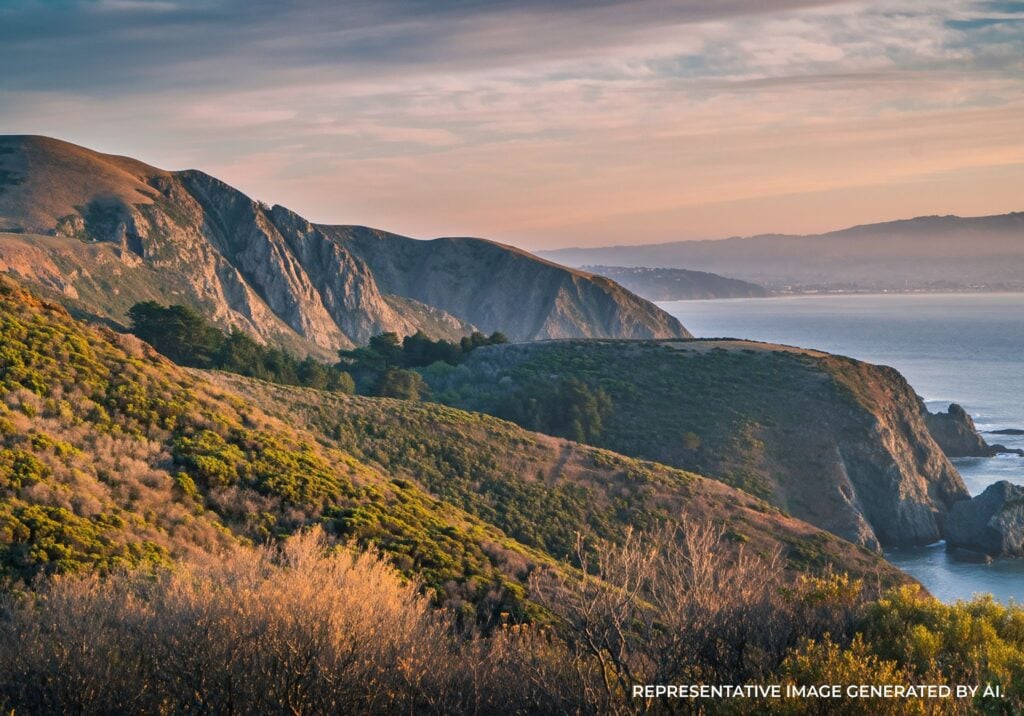 Dusk light reflecting along rocky San Francisco shoreline