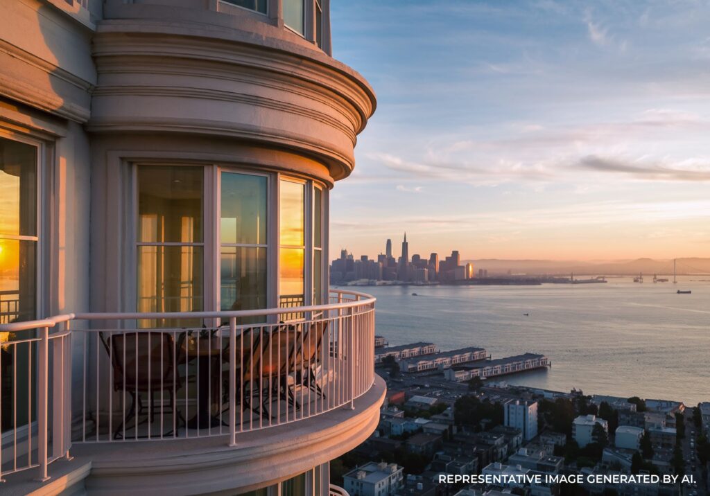 Hotel balcony with view of the San Francisco waterfront at dusk.