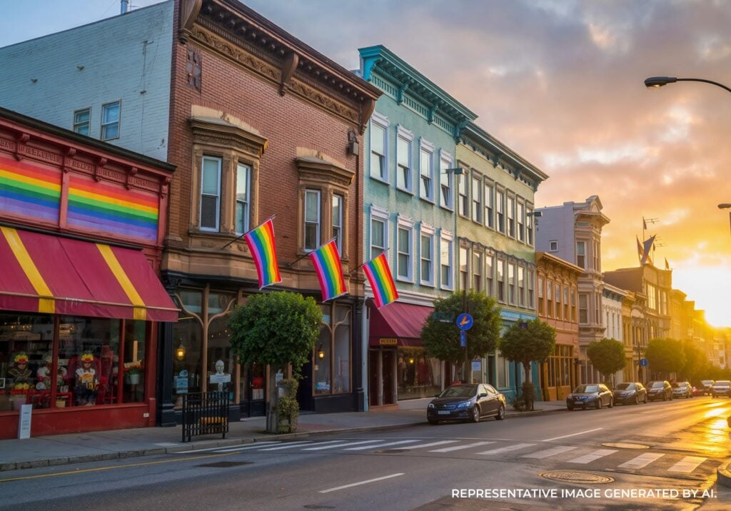 Colorful storefronts and rainbow flags along Castro Street in San Francisco’s LGBTQ+ district during the day.