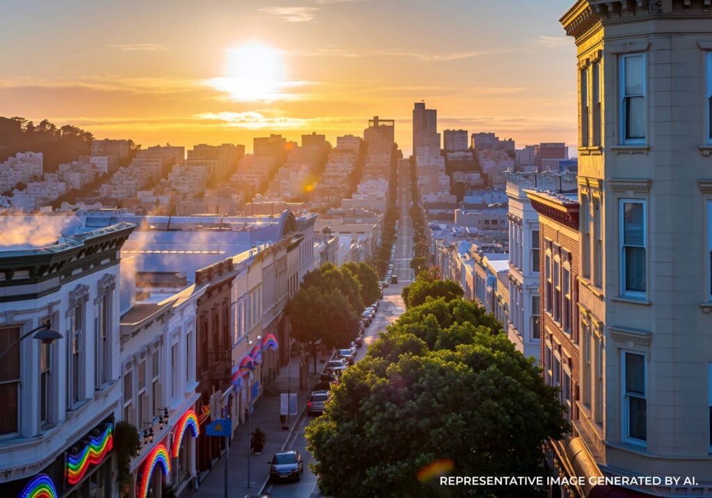 Hilly Castro neighborhood street in San Francisco at sunset with pastel buildings and soft golden light.