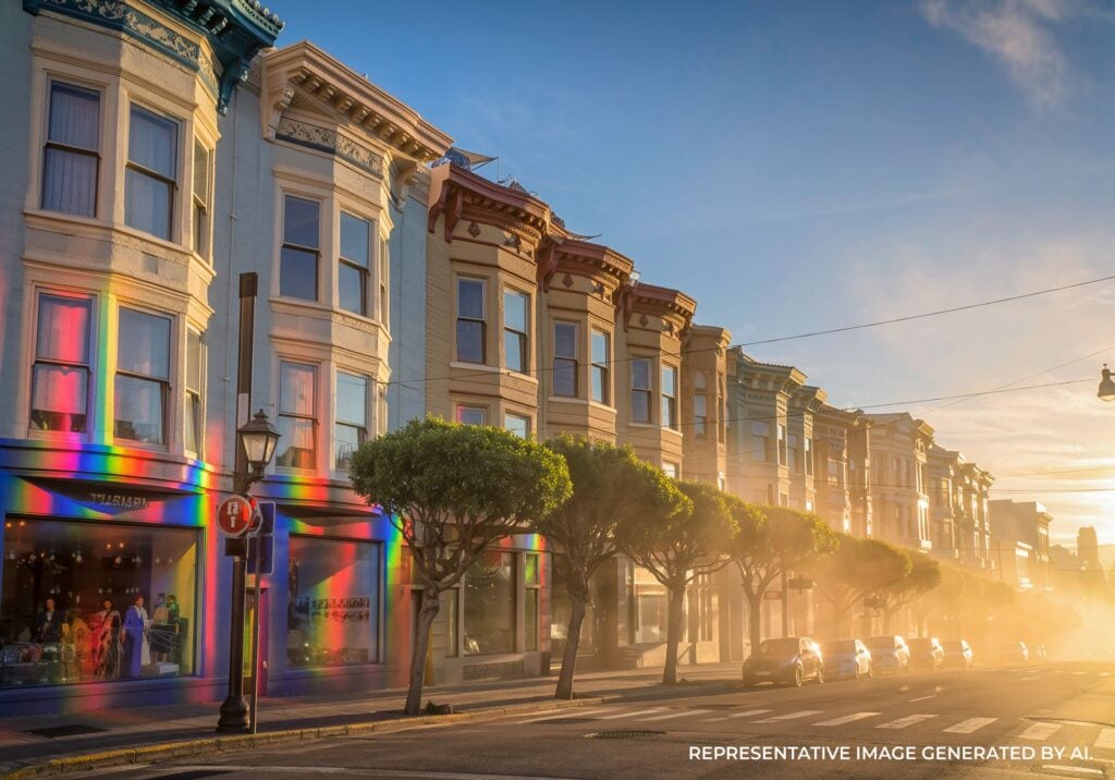 Row houses in the Castro District lit by sunset with rainbow reflections along the street.