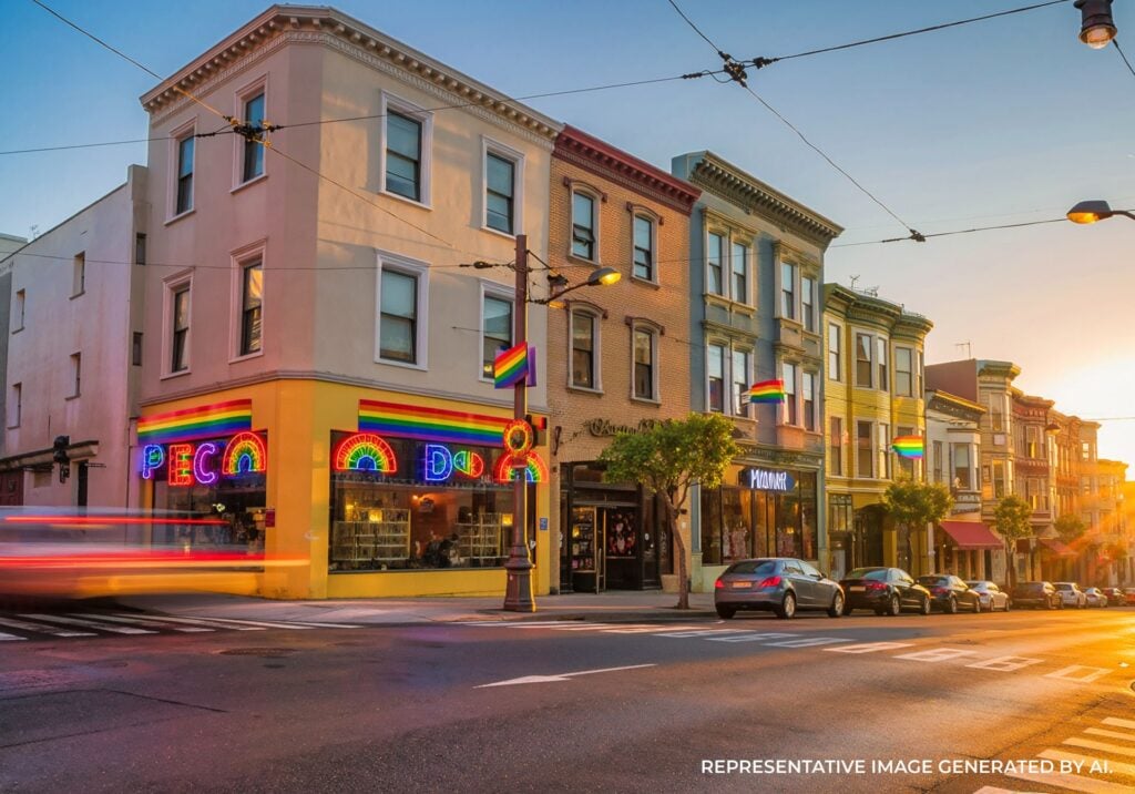 Colorful Castro Street storefronts and rainbow flags in San Francisco at sunset with warm light reflecting across the neighborhood.