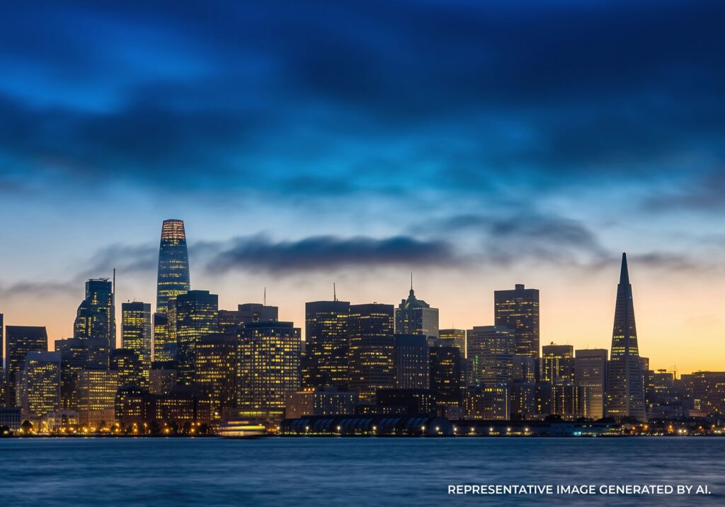 Nighttime San Francisco skyline reflecting over calm water. AI Generated Representation.
