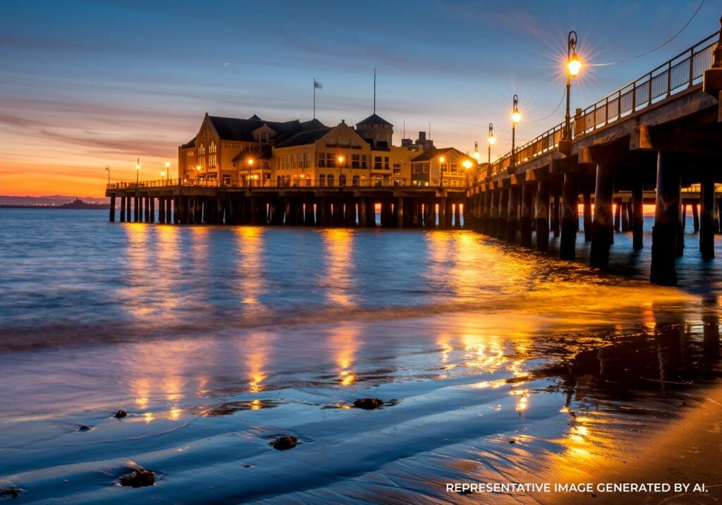 A beautiful twilight view from the pier highlighting downtown lights and ocean reflections.