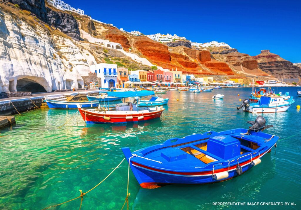 Colorful fishing boats floating in the turquoise waters of a Santorini harbor, backed by red cliffs and bright Cycladic houses.
