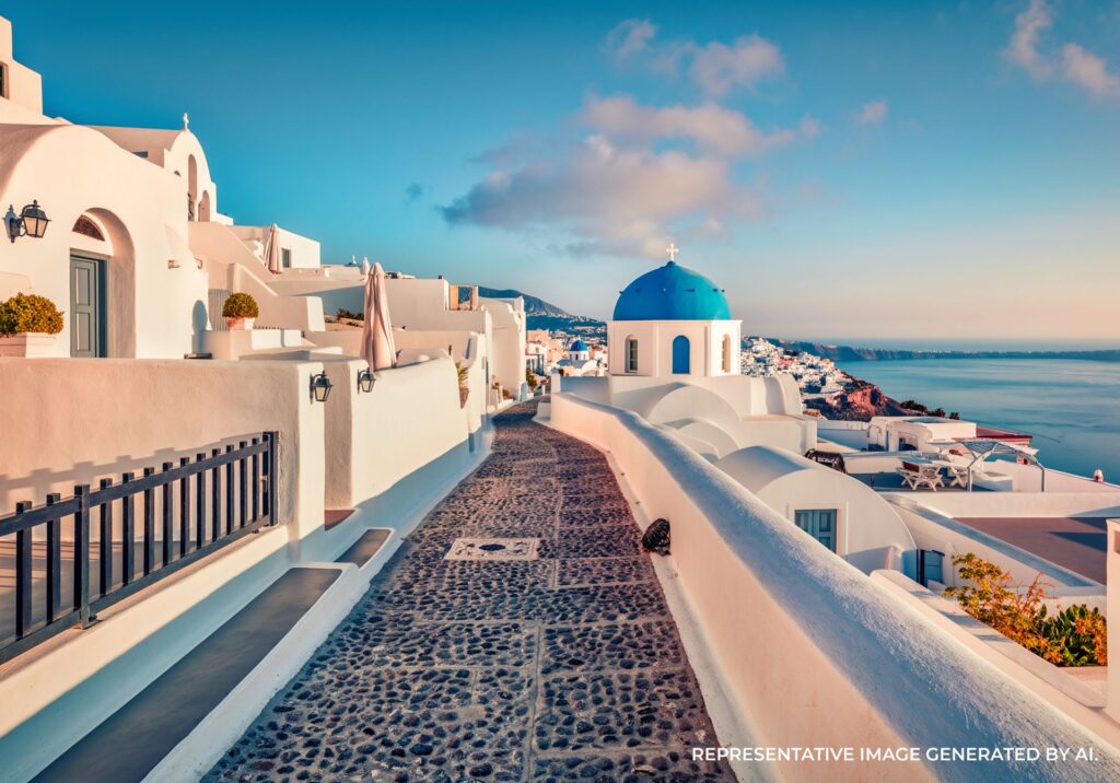 Blue-domed church and cobblestone walkway overlooking the sea in Santorini.