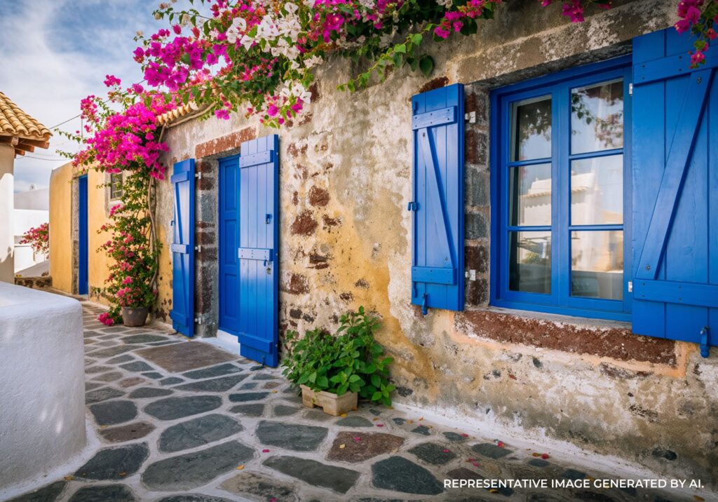 Traditional stone house with blue doors and vibrant flowers in Santorini.