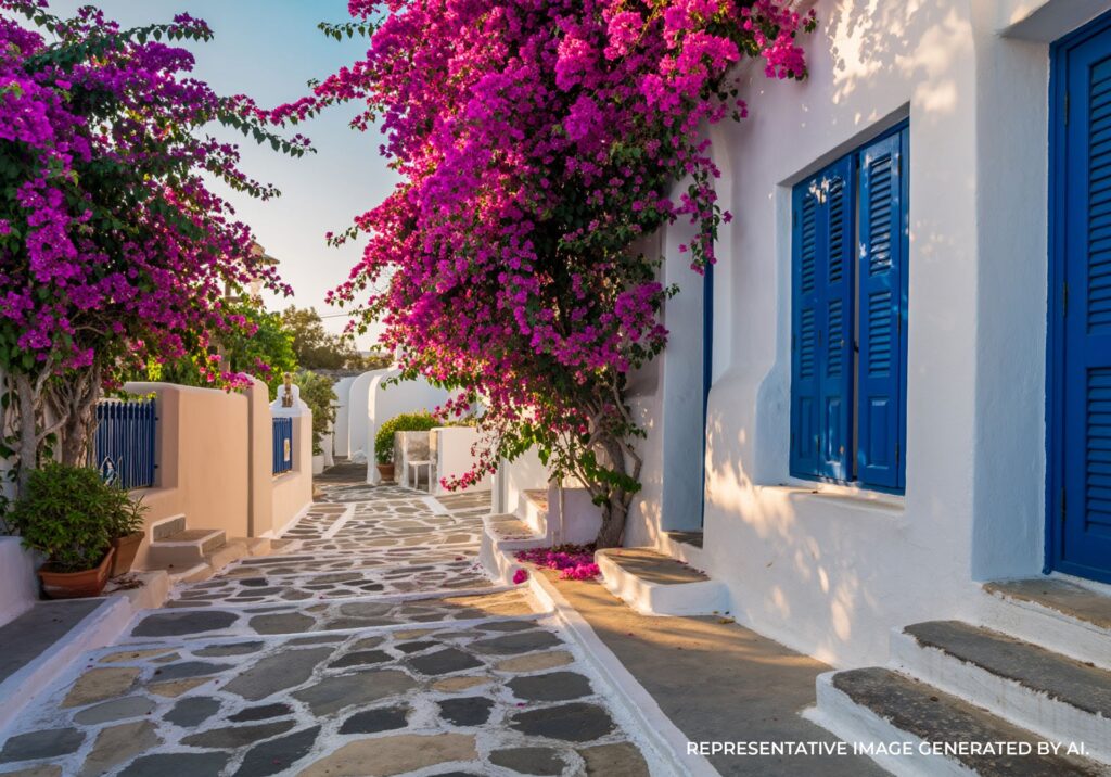 Colorful bougainvillea hanging over a whitewashed cobblestone street with blue doors in Santorini.