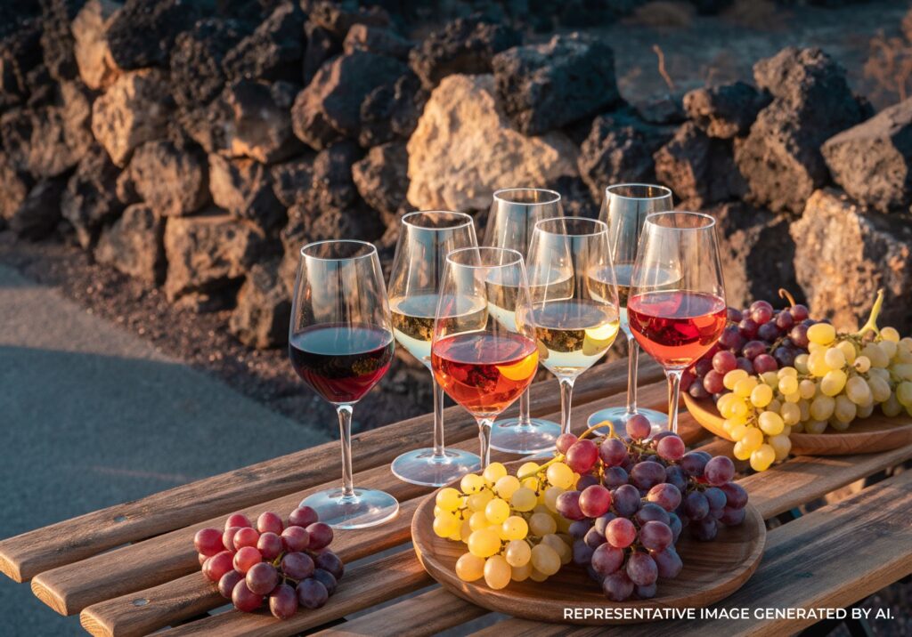 Wine flight with colorful glasses and fresh grapes arranged outdoors on a rocky hillside in Santorini.