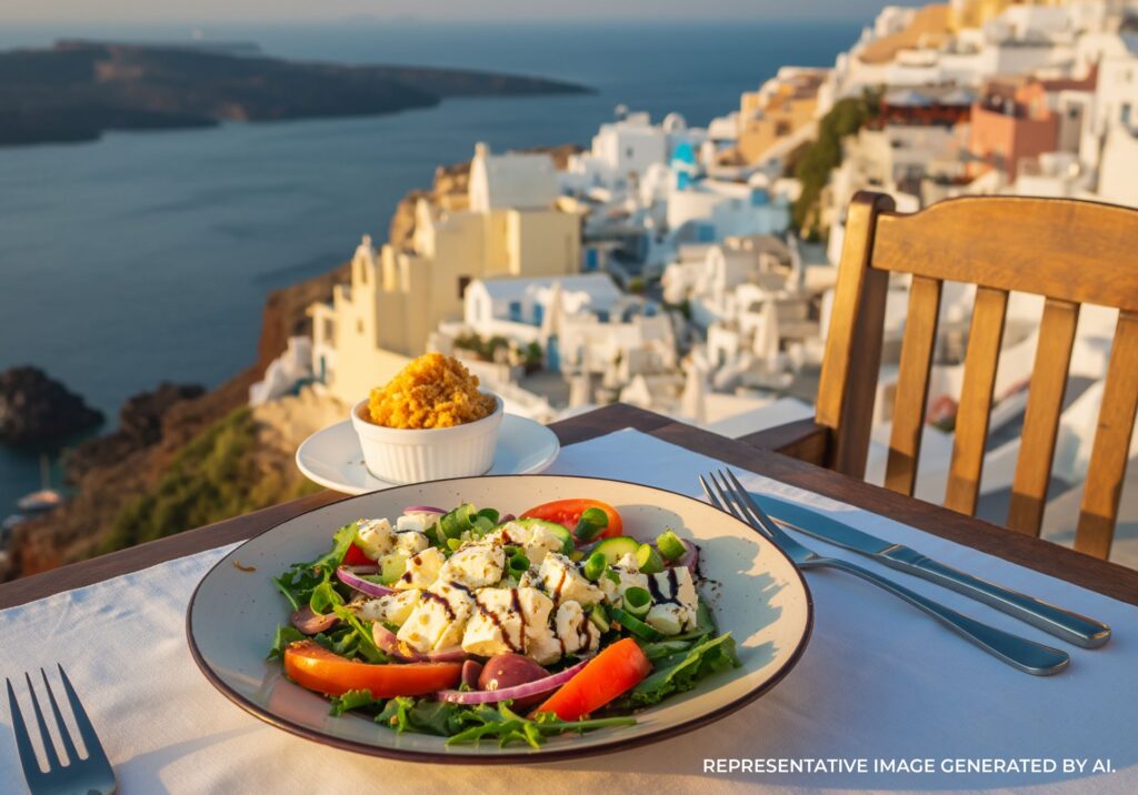 A fresh Greek salad served on a table overlooking the caldera in Santorini, Greece, with whitewashed buildings and the Aegean Sea in the background.