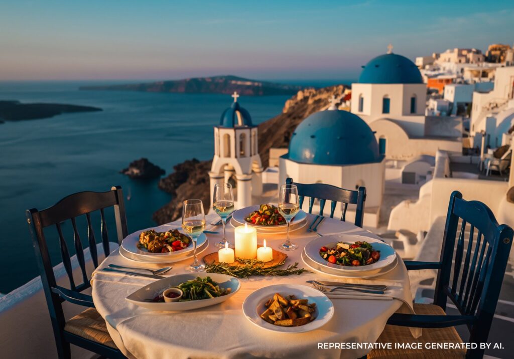 A table of Greek dishes overlooking whitewashed buildings and a blue-domed church with the sea in Santorini.
