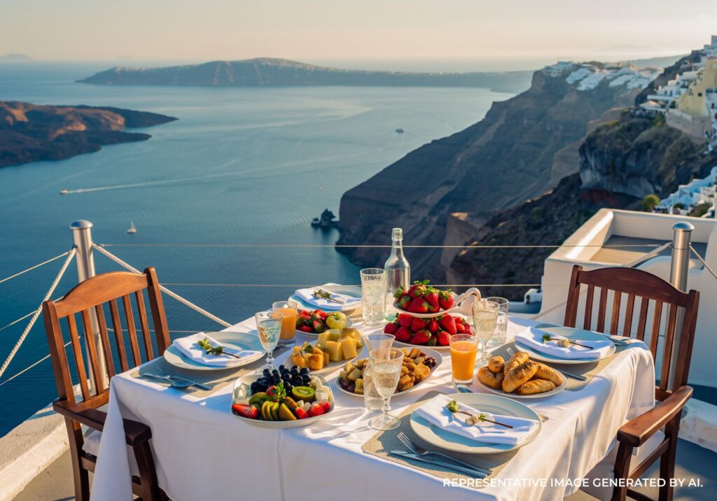 A dinner table with Greek food and wine overlooking the caldera and Aegean Sea at sunset in Santorini.