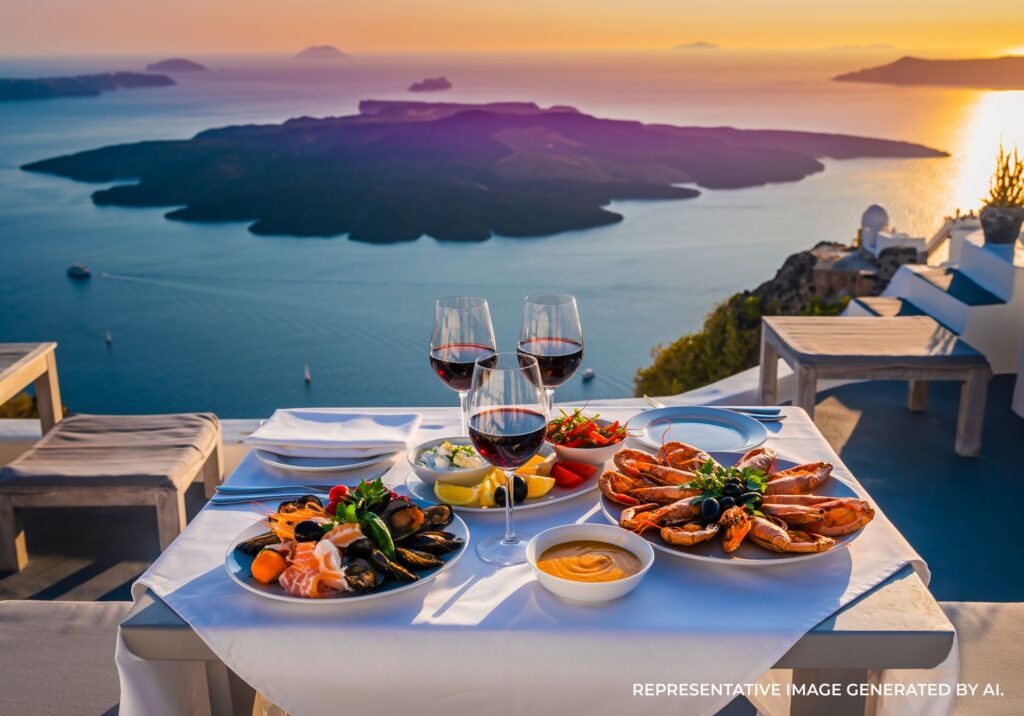 Glass of wine and Greek dishes served on an outdoor terrace with a purple sunset over the Aegean Sea in Santorini.