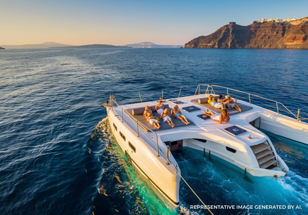 Guests relaxing on a private catamaran deck sailing across blue waters near Santorini’s cliffs.