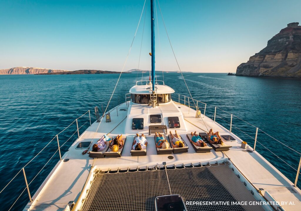 Private catamaran sailing near Santorini with guests relaxing on deck.
